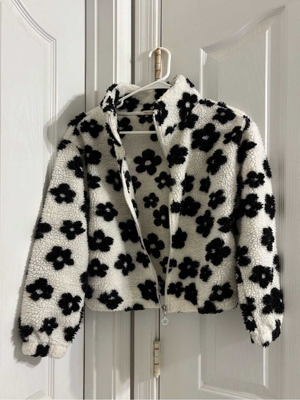 Kids Black & White Floral Sherpa Puffer Jacket